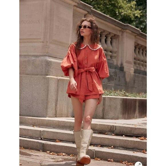 Free People Porto Top & Shorts Set S‎ Orange Puff Sleeve Peter Pan Collar NWT - Picture 2 of 16